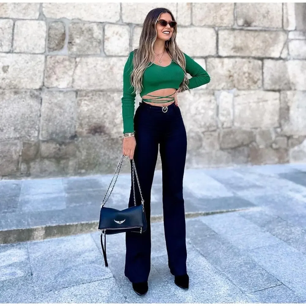Zara NWT Green Knit Wrap Tie Waist Long Sleeve Crop Top L
